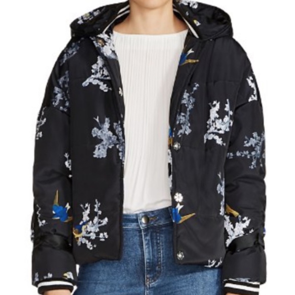 Maje Guela Bird + Floral Print Puffer Jacket O/S